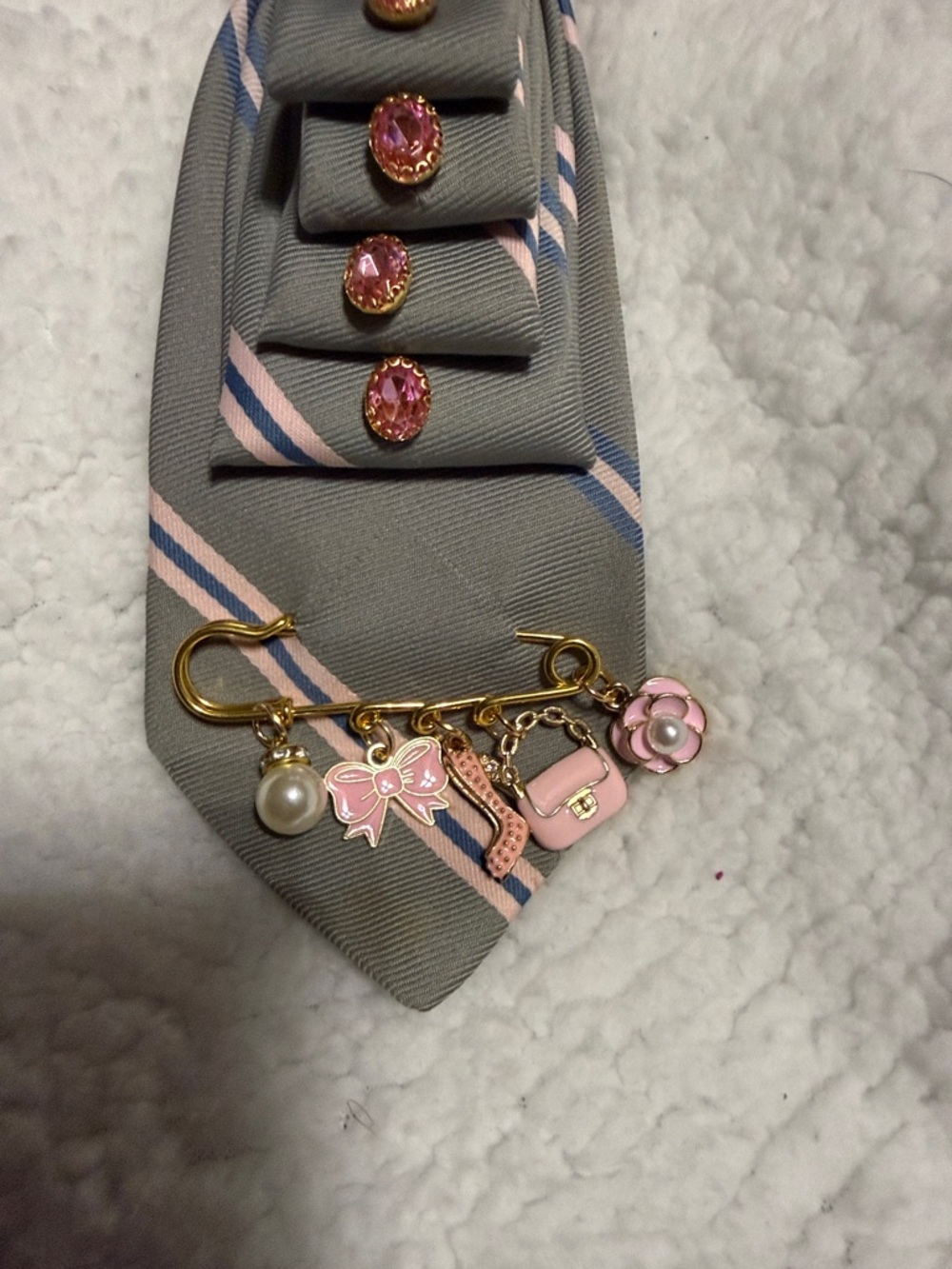 Pink Gem & Gray Ribbon Necklace Brooch Accessory - Picture 3 of 4